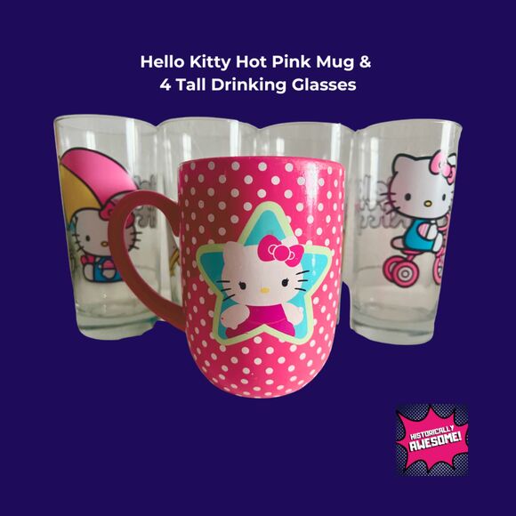 RARE Hello Kitty Glassware Unused— Hot Pink Mug and 4 tall drinking glasses - Picture 1 of 4